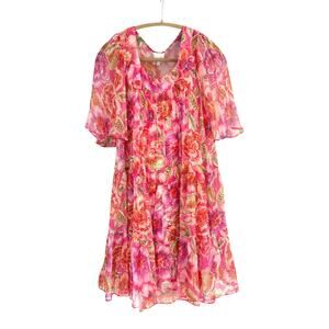 Johnny Was Jade Mari Tiered Mini Dress Silk Floral Pink Boho Sma''